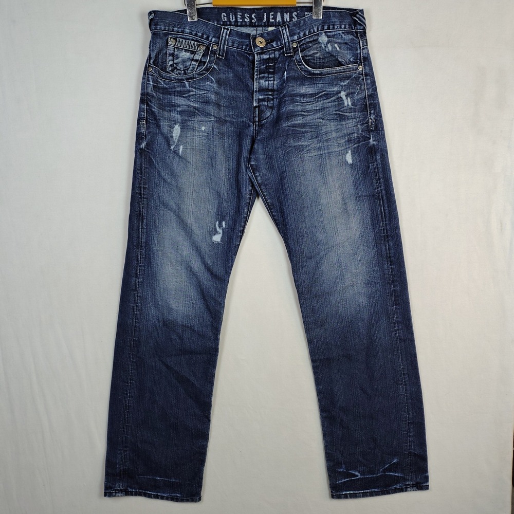 Guess Rebel Straight Leg Jeans Mens 36x32 Blue Distressed Denim MB411708 32